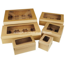 Выньте коробку для кексов с бумагой / крафт-картонные коробки для кексов с вставкой и прозрачным окном